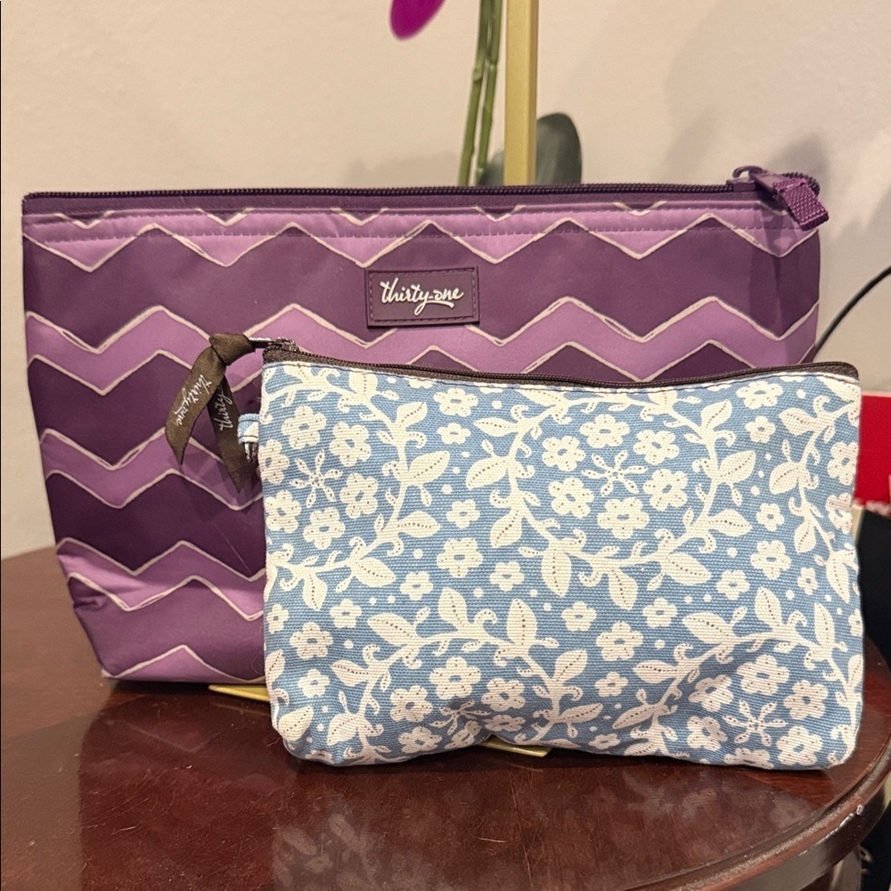 Thirty-One Purple Zigzag and Blue Floral Cosmetic Bags set chevron 31 retired - Picture 2 of 8
